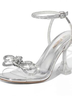 Rhinestone Bow Heels Square Toe Clear Slingback High Heels Dress Party